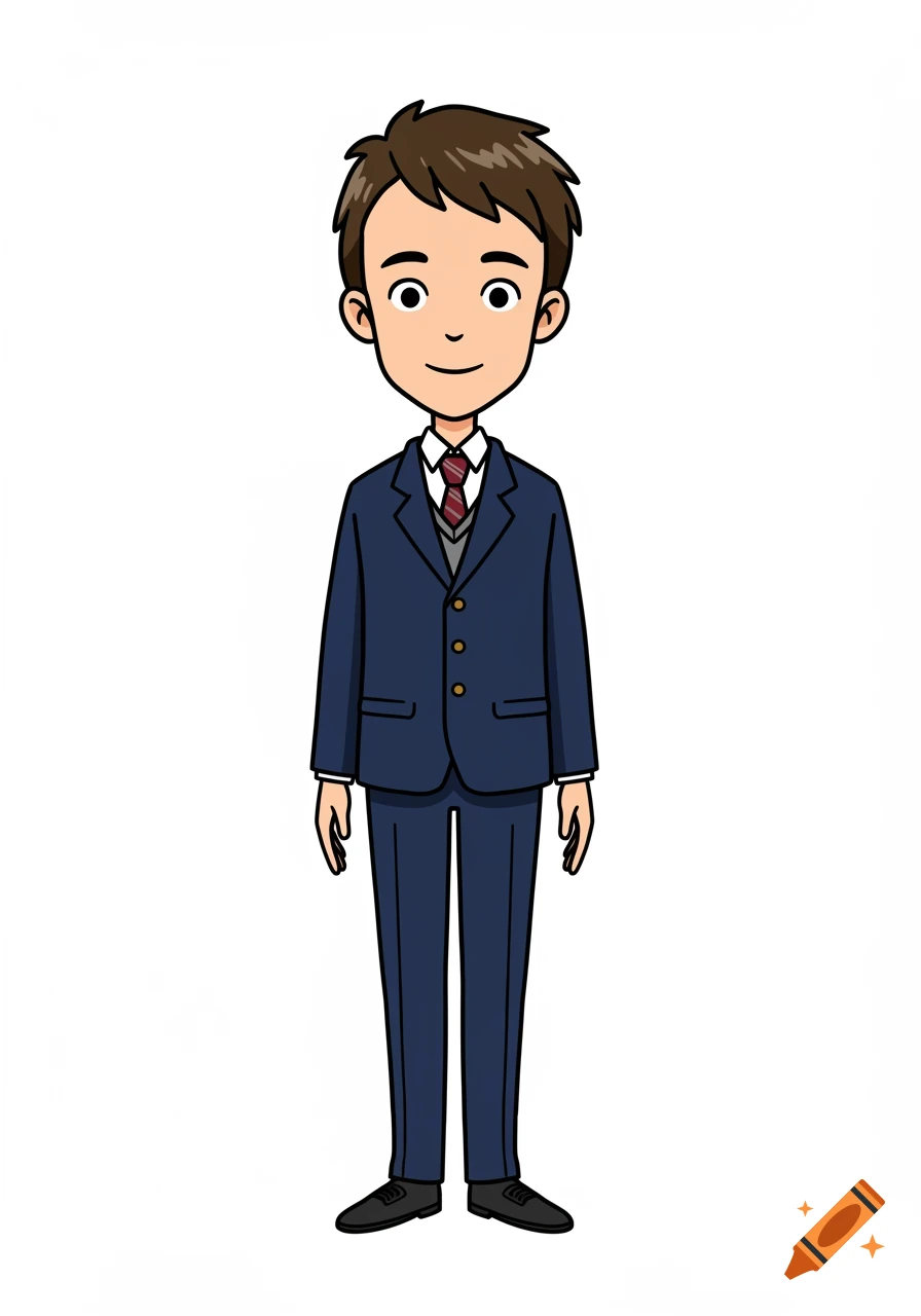A standing male cartoon character in a dark blue school uniform with a tie, against a white background.