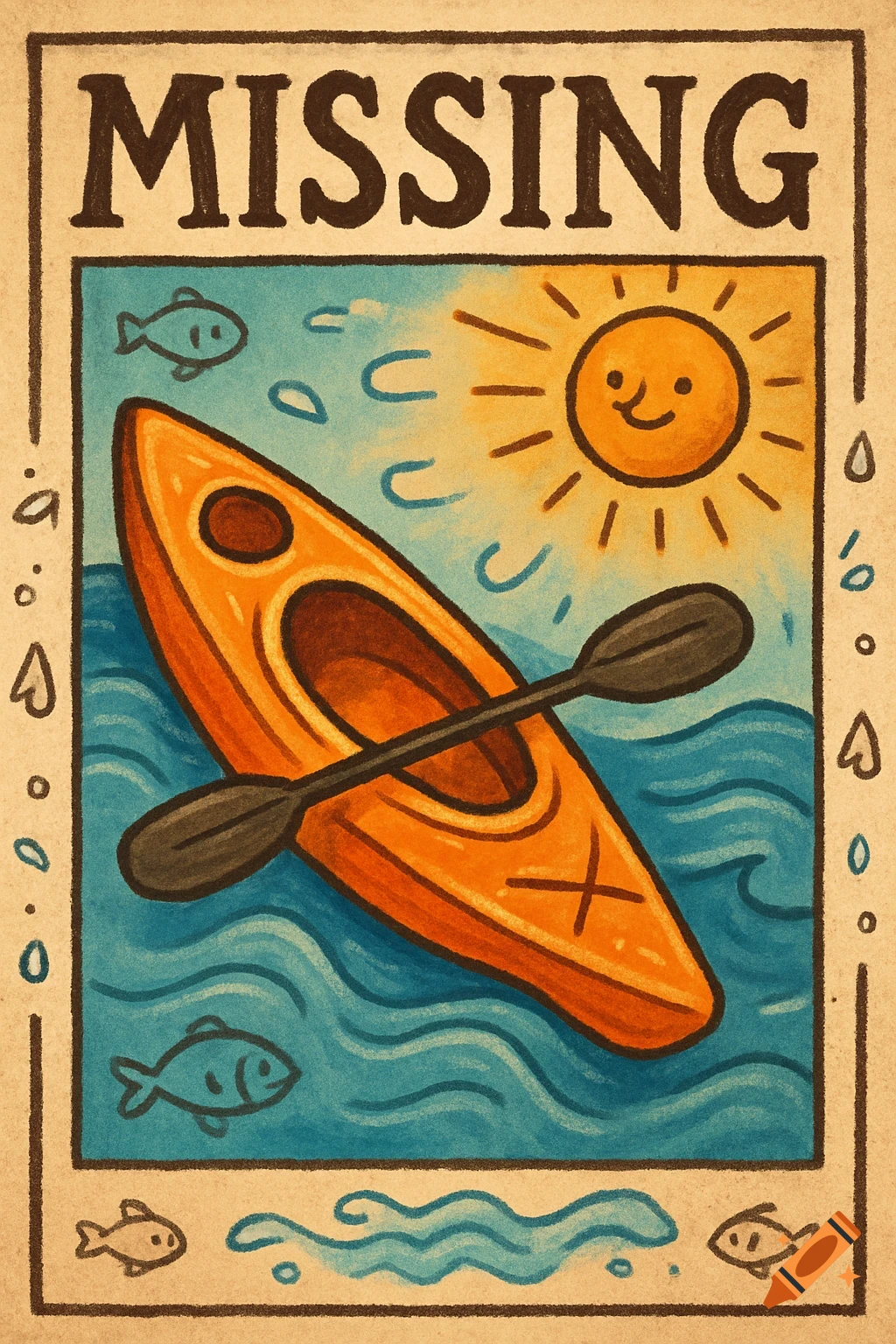 A stylized missing poster features an orange kayak with a paddle on blue water, under a smiling sun, with fish.