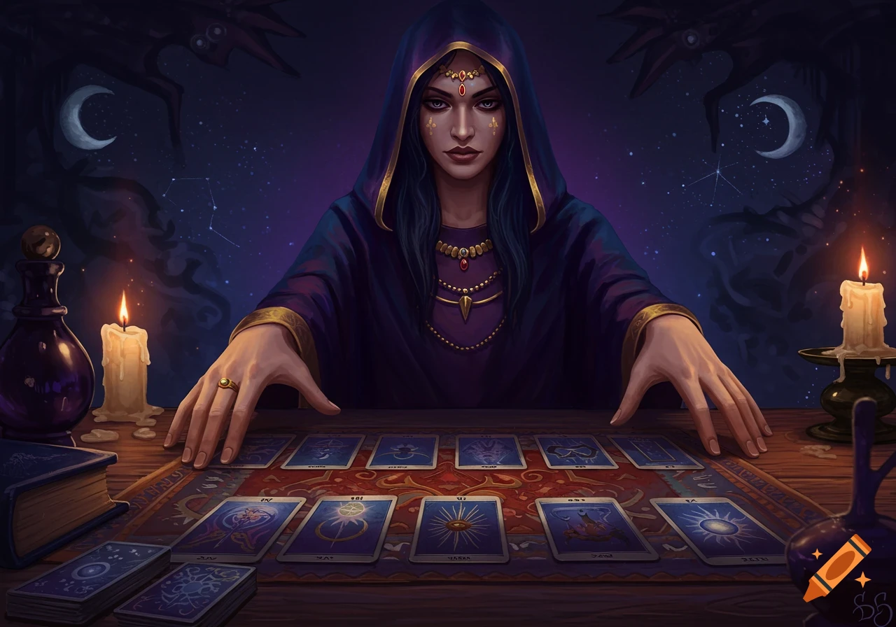 A mystical woman in a purple cloak reads tarot cards on a table with candles under a starry night sky.