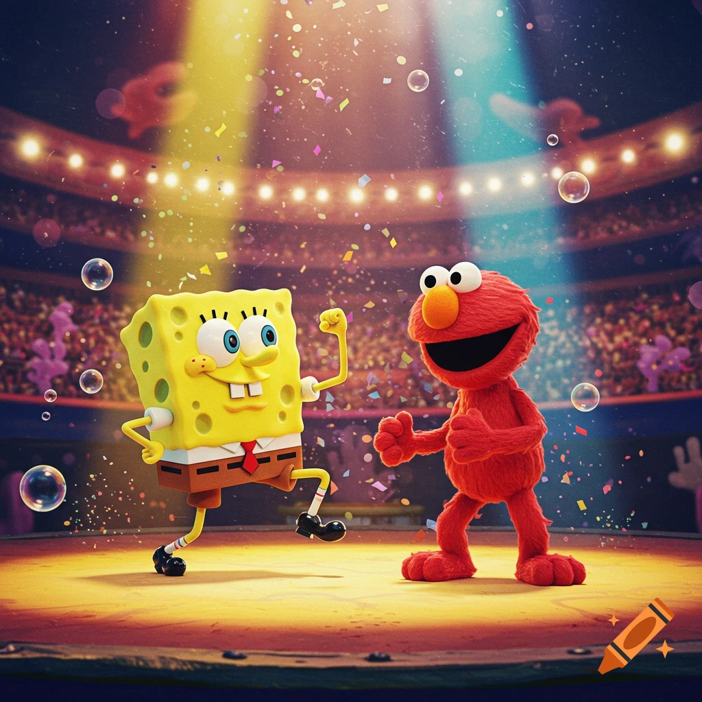 Spongebob Squarepants and Elmo stand facing each other on a brightly lit stage covered in confetti and bubbles, in a large arena with an audience.
