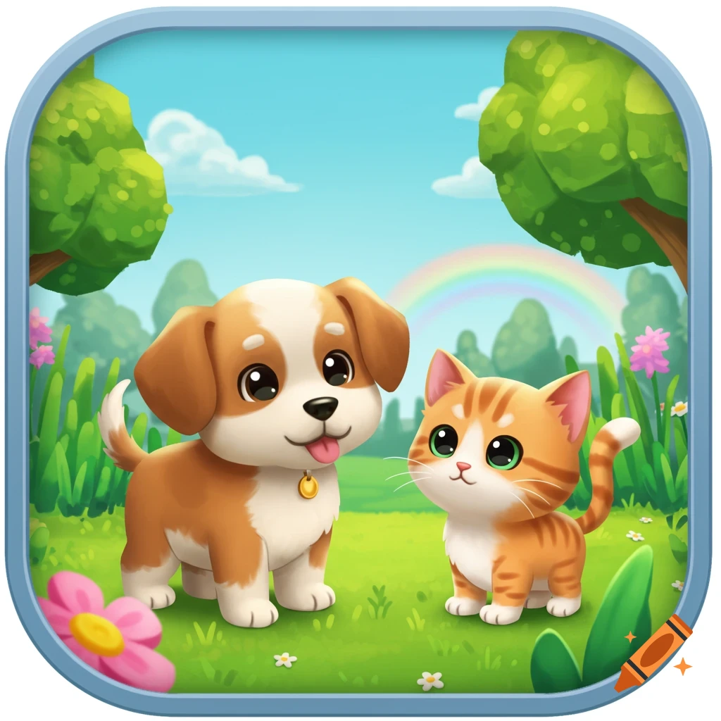 A cute cartoon puppy and a kitten in a grassy field with trees, flowers, and a rainbow in the background.