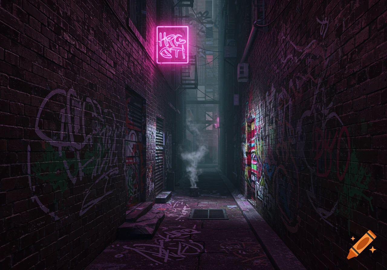 A dark alleyway with pink neon lights, extensive graffiti on brick walls, and smoke rising from a grate.