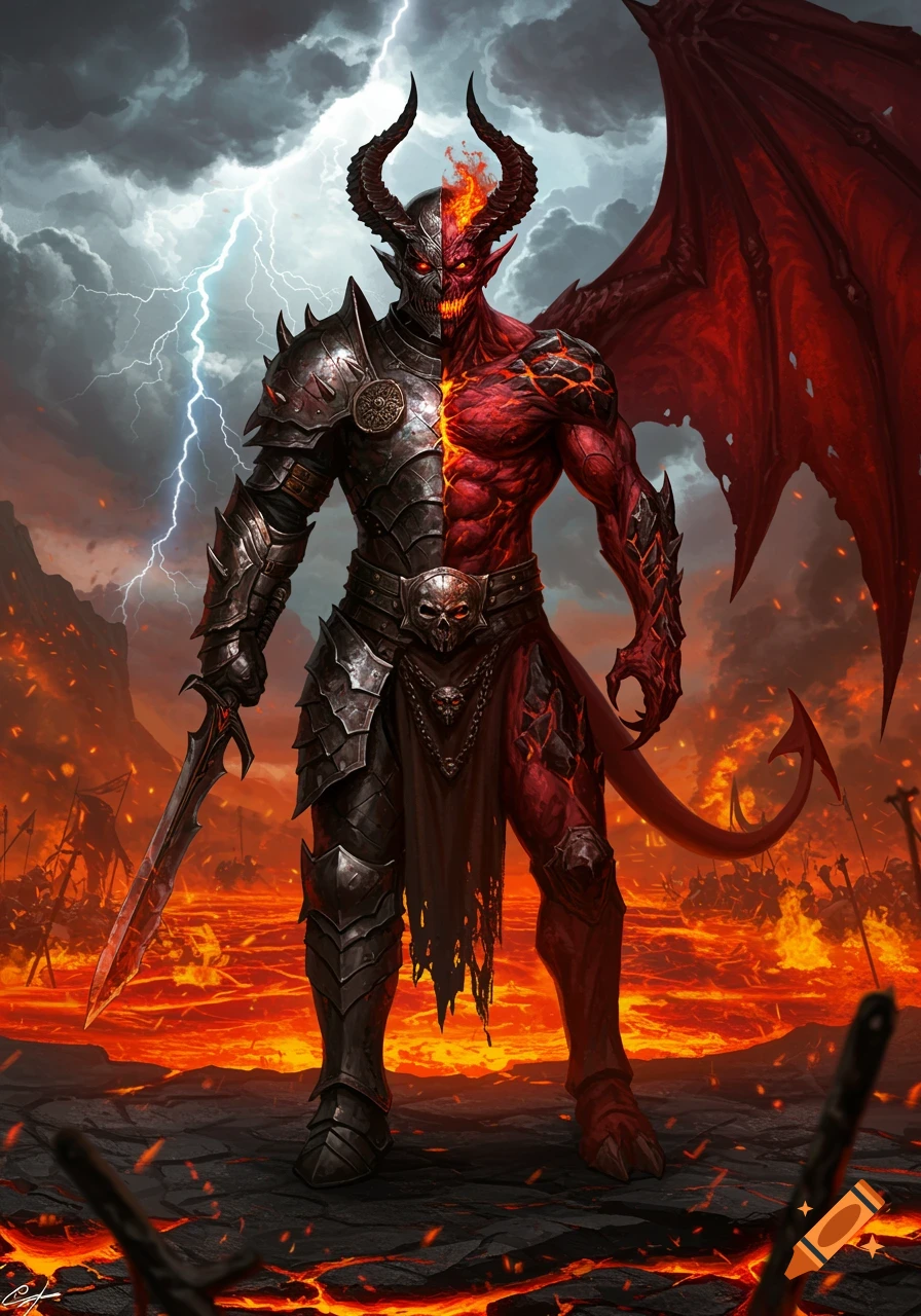 A powerful half-armored, half-demon figure with red wings and horns, holding a sword in a fiery, war-torn landscape under a stormy sky.