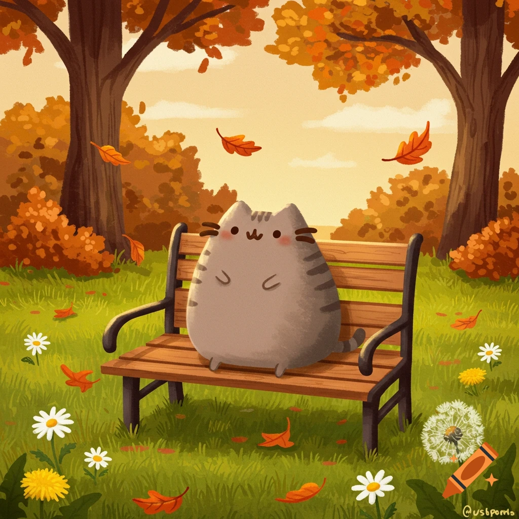 A cute cartoon cat, resembling Pusheen, sits on a park bench surrounded by falling autumn leaves, trees, and flowers.