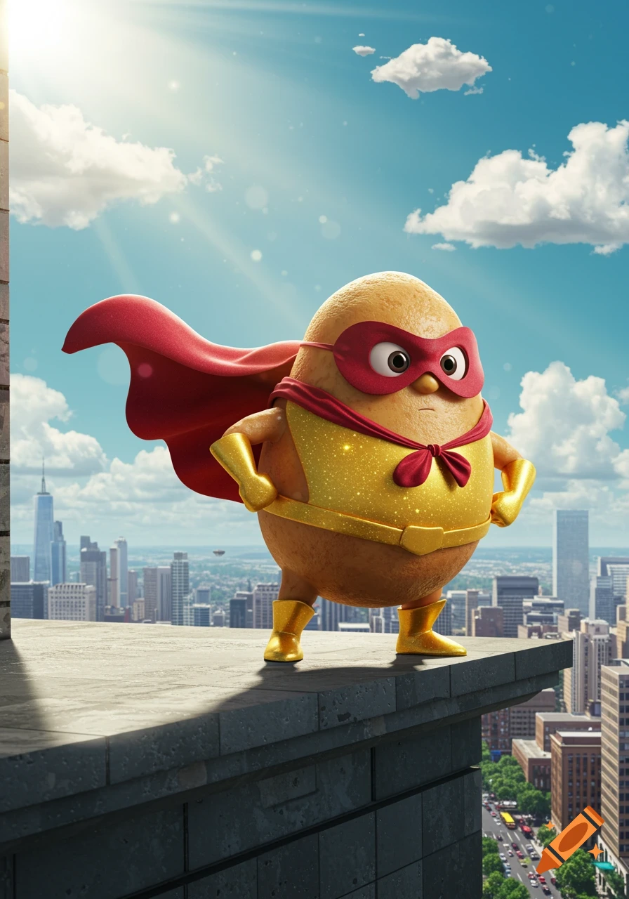 A cartoon superhero potato with a red cape and gold suit stands on a city rooftop.