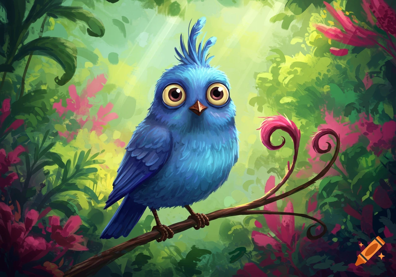 A cute blue bird with large eyes and a crest on its head perches on a branch in a vibrant, stylized jungle setting.