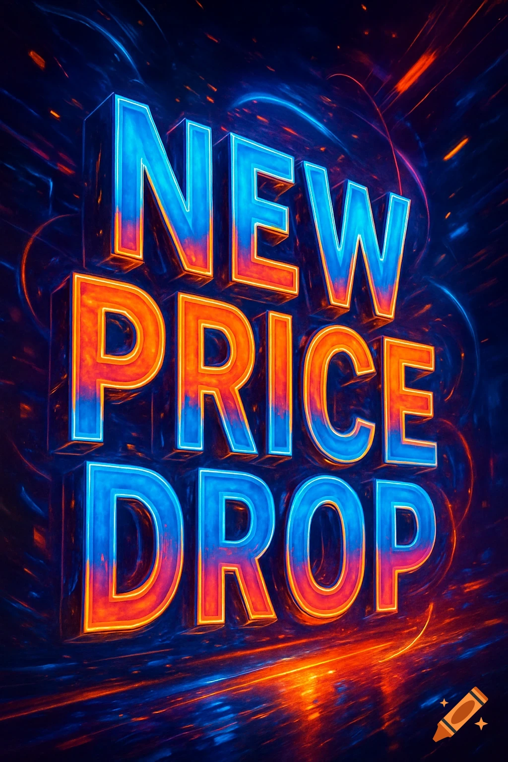 Glowing blue and orange 3D text 'NEW PRICE DROP' against a vibrant, abstract dark background with light trails.
