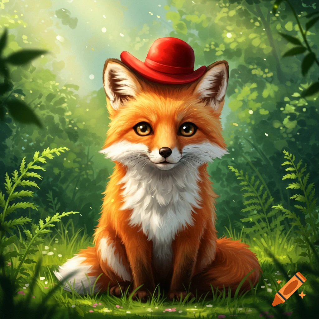 A cute fox with a red hat sits in a lush green forest, looking directly forward.