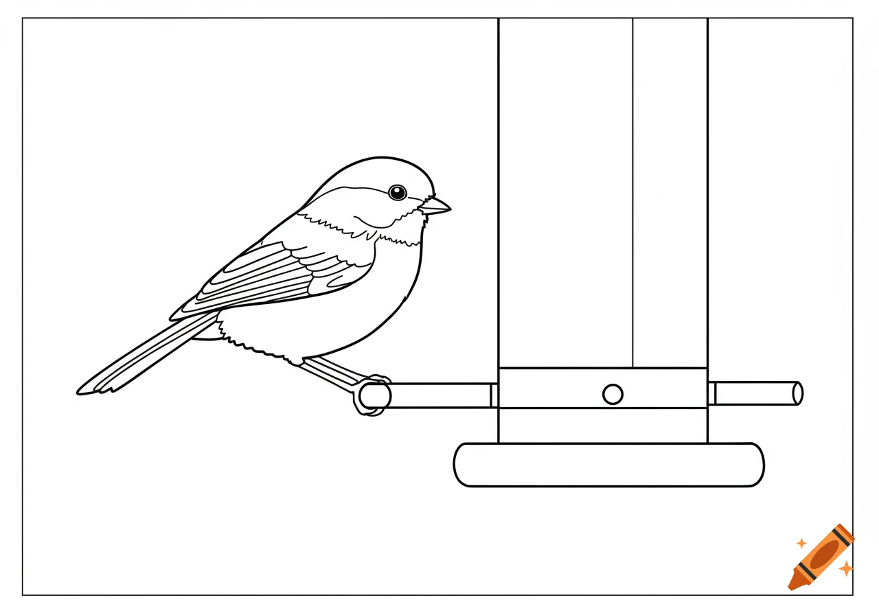 Line art coloring page of a Black-capped Chickadee perched on a bird feeder.
