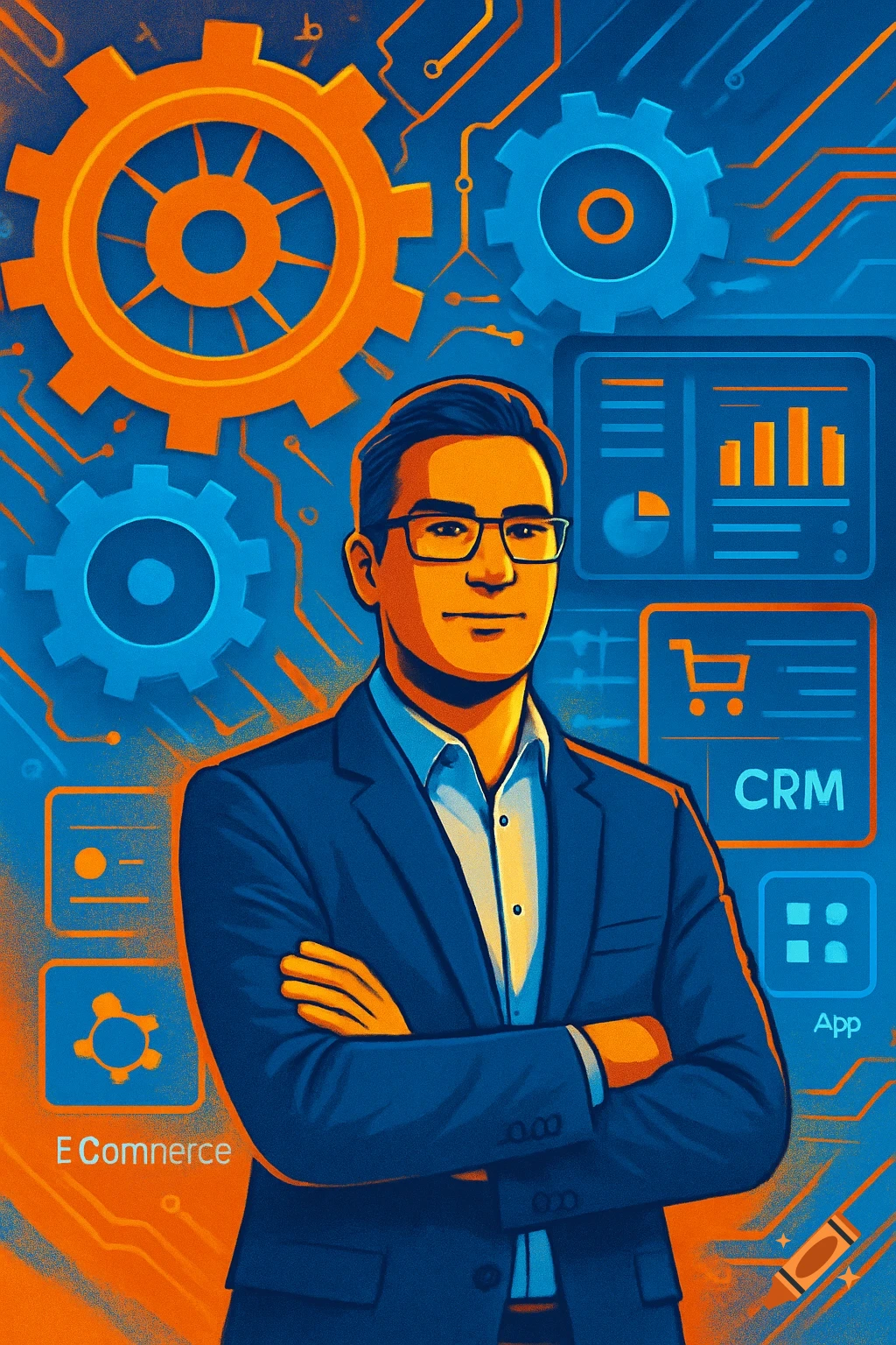 Illustration of a man in a suit against a blue background with gears and icons for CRM, E-Commerce, and apps.