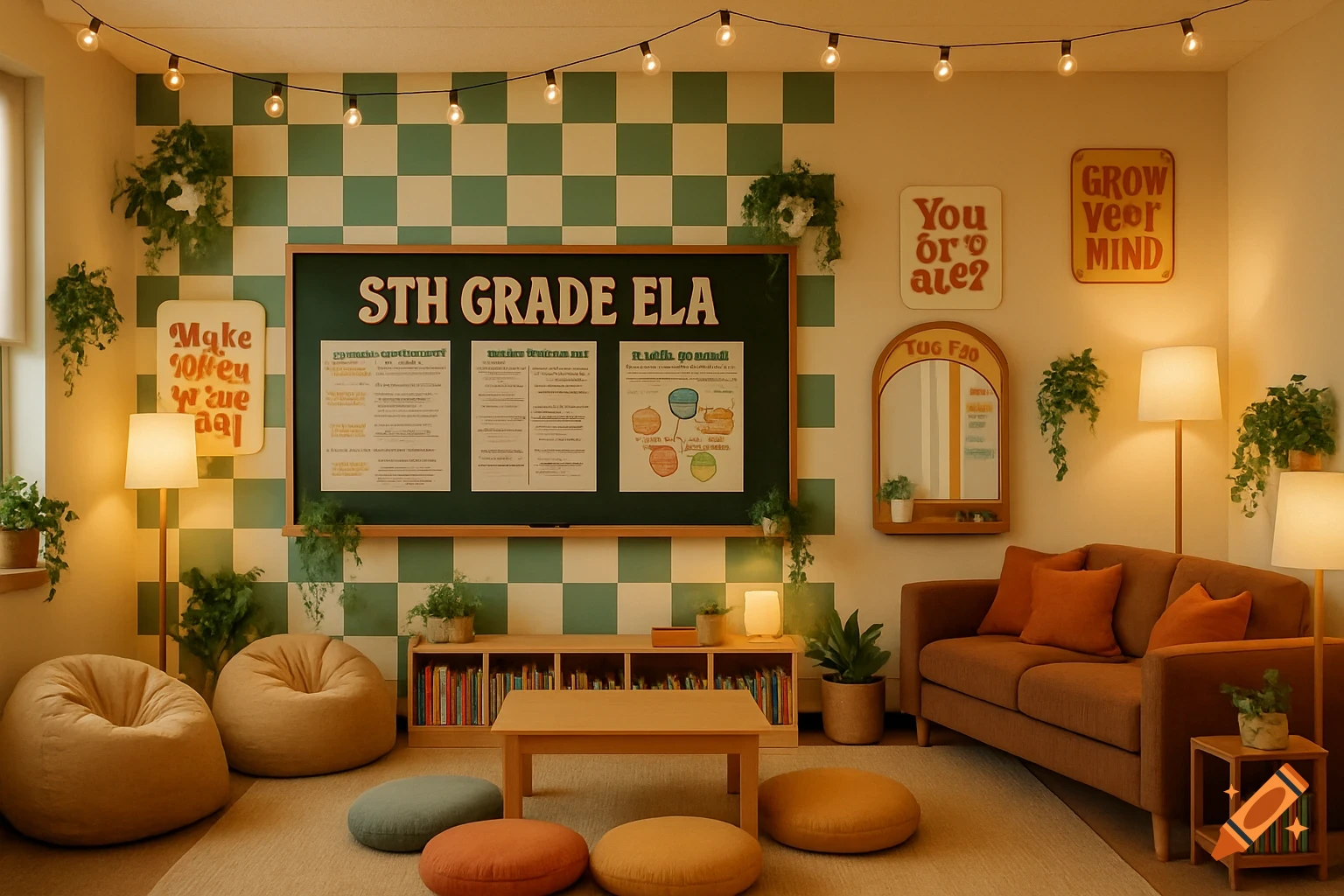 A cozy, boho-retro 5th grade classroom with a green and cream checkered wall, string lights, and plants. It features bean bags, a couch, a coffee table, and bookshelves.