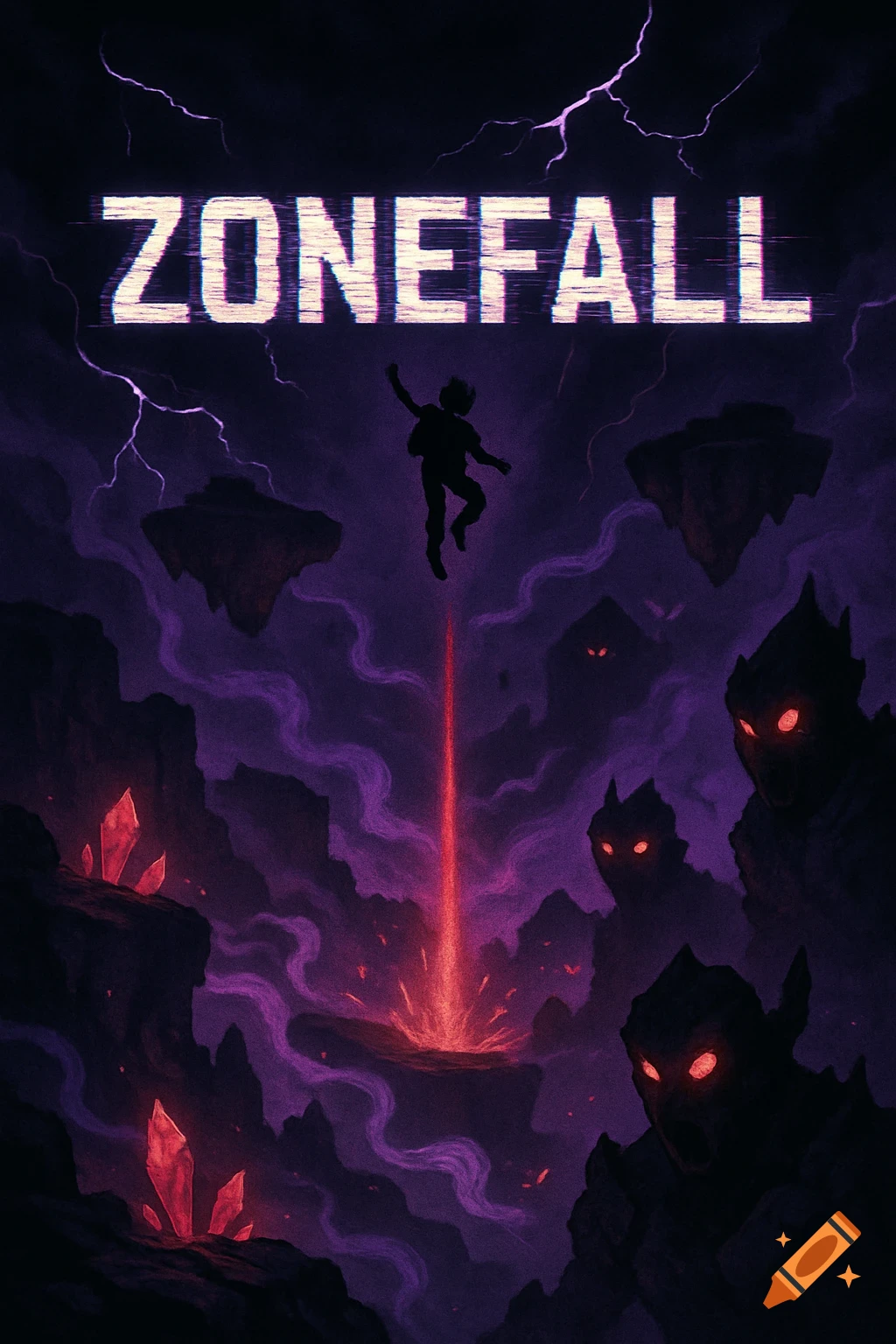 A stylized digital art image depicting a shadowy figure falling into a dark, purple landscape with glowing red crystals, floating islands, and menacing creatures with red eyes. The title "ZONEFALL" appears in glitchy white text at the top.