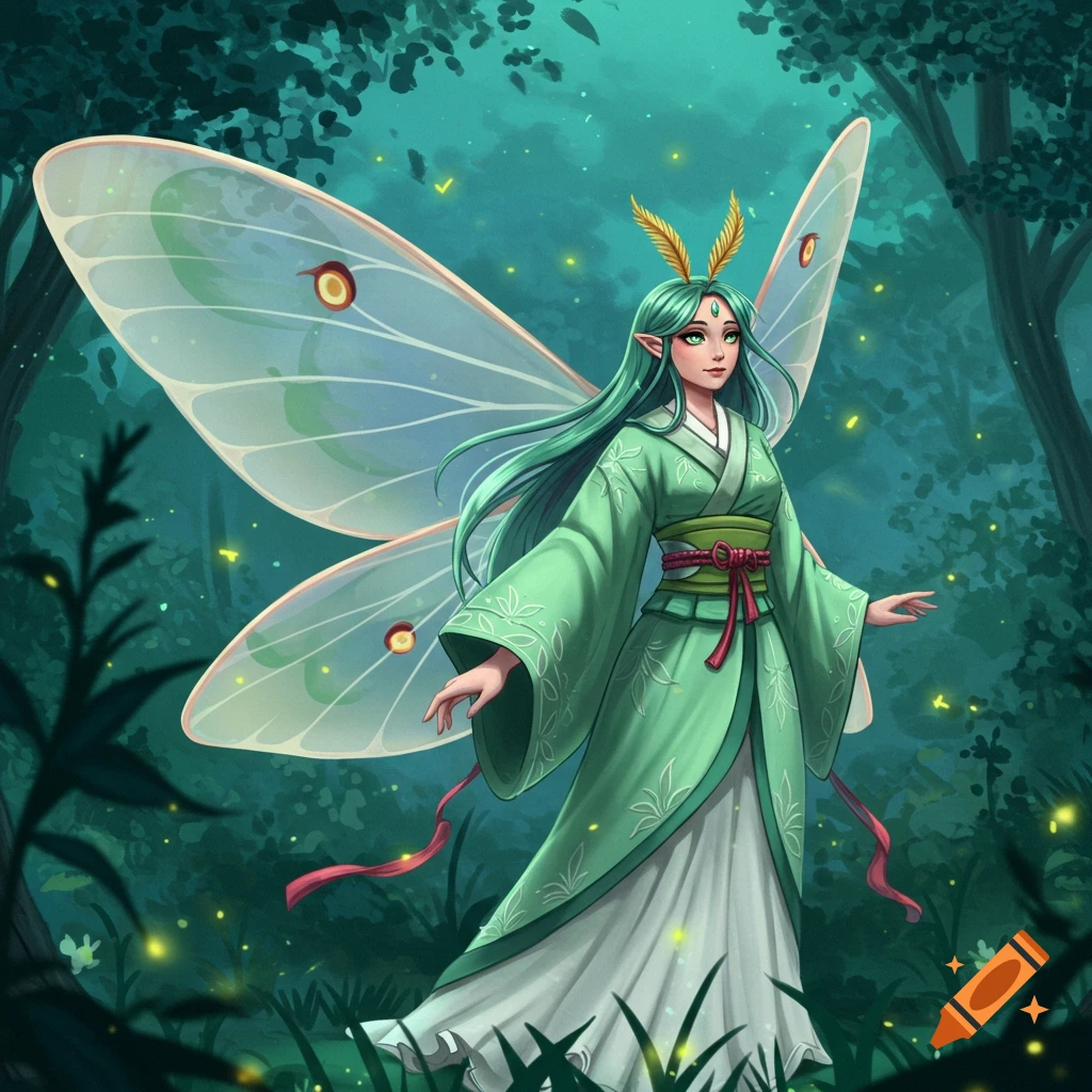 An anime character with green hair and large moth wings, wearing a green kimono, stands in a magical forest with fireflies.