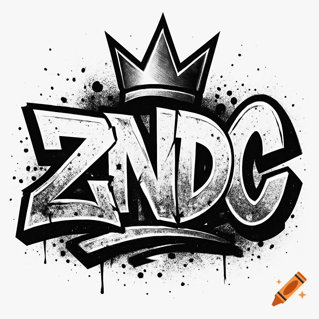 Black and white graffiti logo spelling ZNDC with a crown above the letters.
