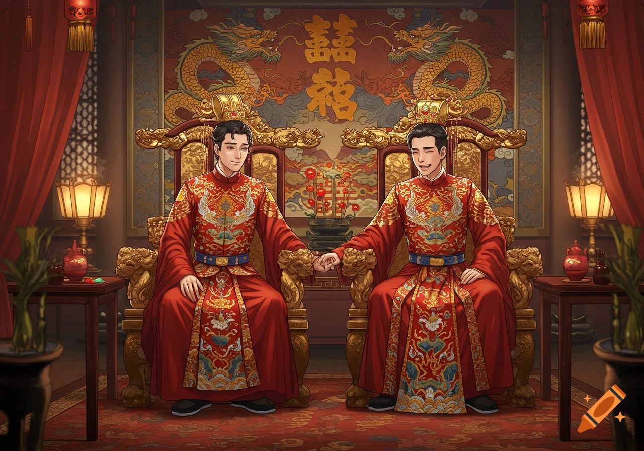 Two men in red and gold traditional Chinese wedding hanfu sit on ornate thrones, holding hands, with a dragon-motif palace backdrop.