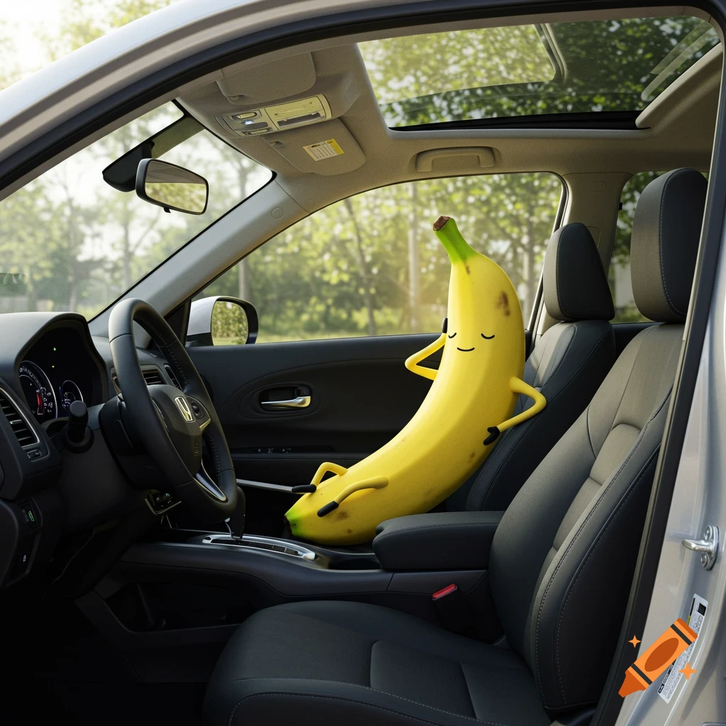 An anthropomorphic banana with a smiling face naps in the front passenger seat of a silver Honda HRV car.