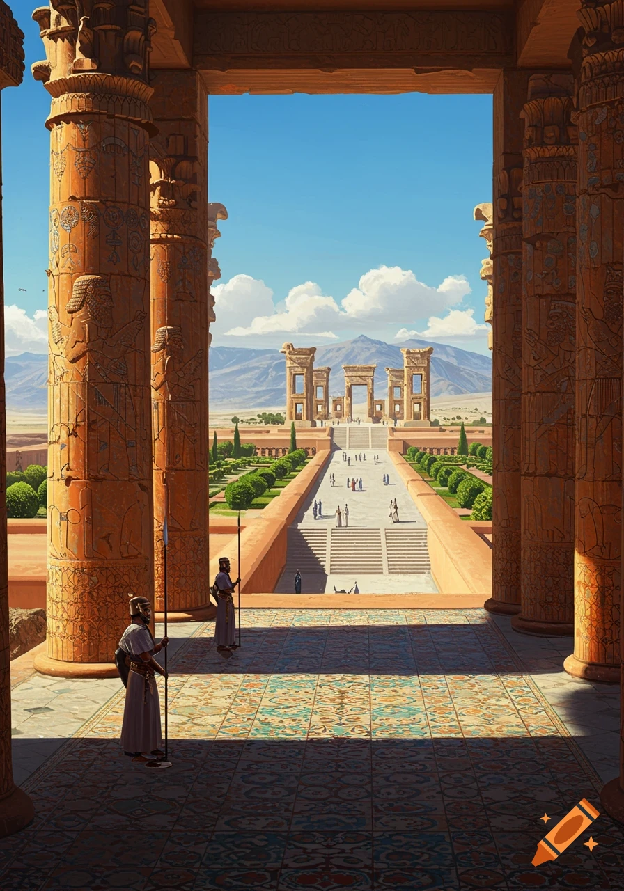 A grand view of ancient Persepolis with towering columns, intricate carvings, and an expansive courtyard leading to distant ruins under a blue sky.