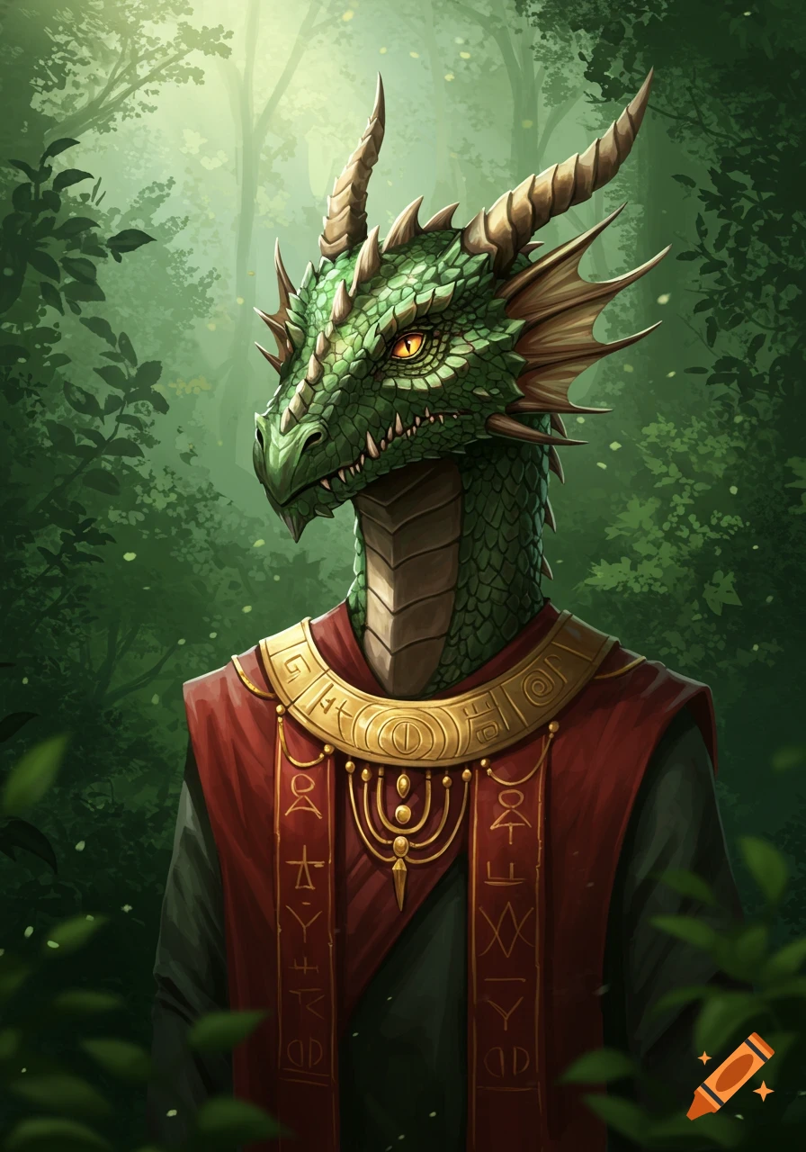 A majestic green dragon-headed person with golden eyes, wearing a detailed red and gold ceremonial robe adorned with symbols, stands in a lush green forest.