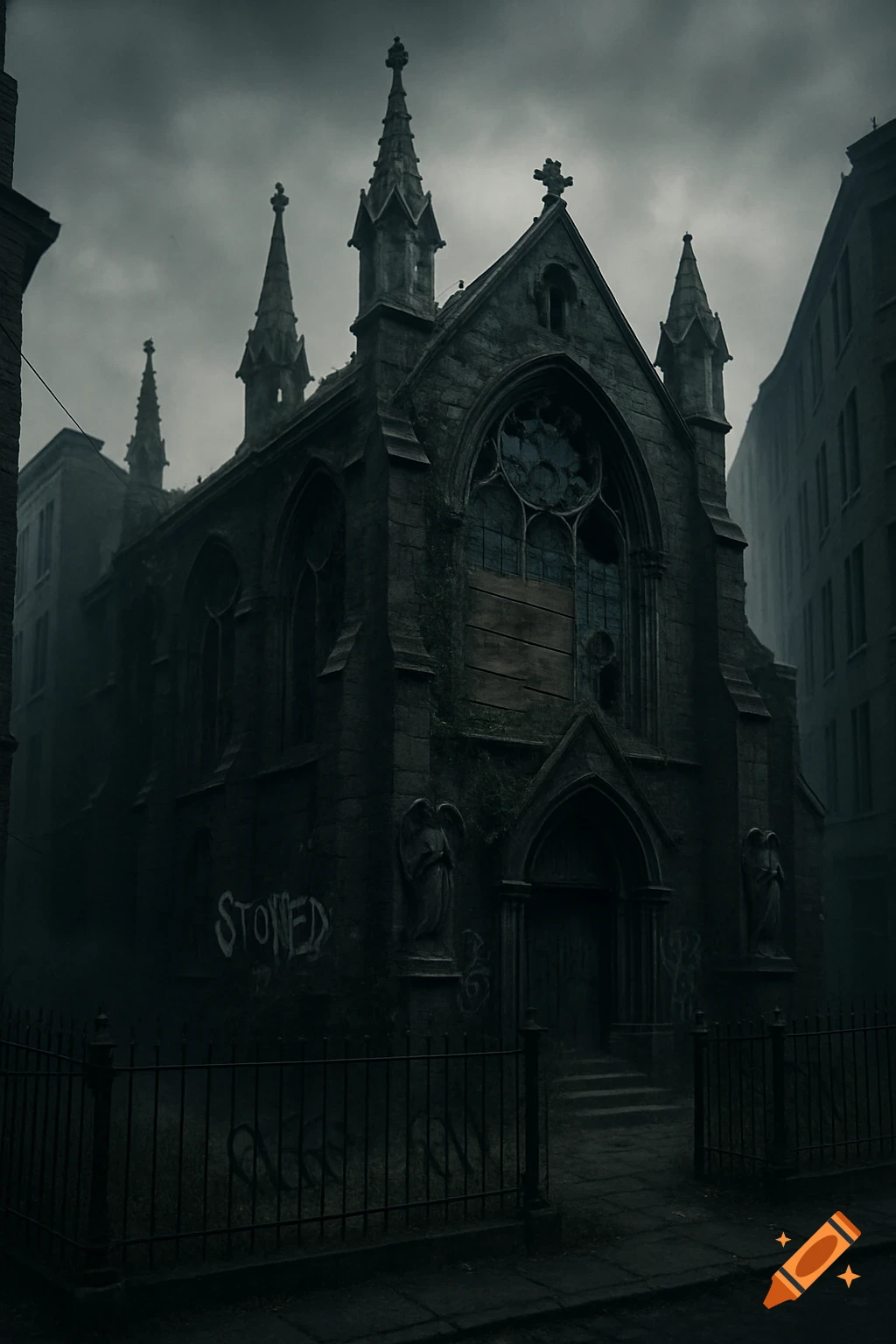 A dark and crumbling gothic chapel with spires and graffiti, surrounded by a rusted fence under an ominous grey sky.