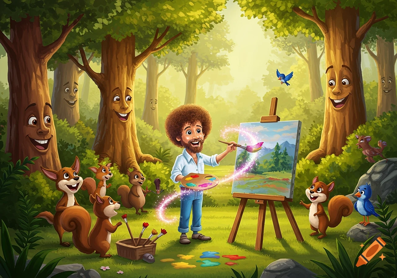 Bob Ross painting in a vibrant, whimsical forest with happy, anthropomorphic trees, squirrels, and birds, in a cartoon style.