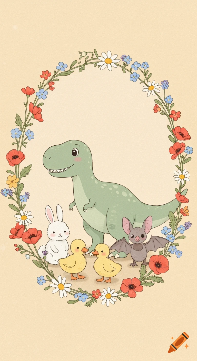 A child-friendly illustration of a T-rex, bunny, two ducklings, and a bat within an oval flower frame.