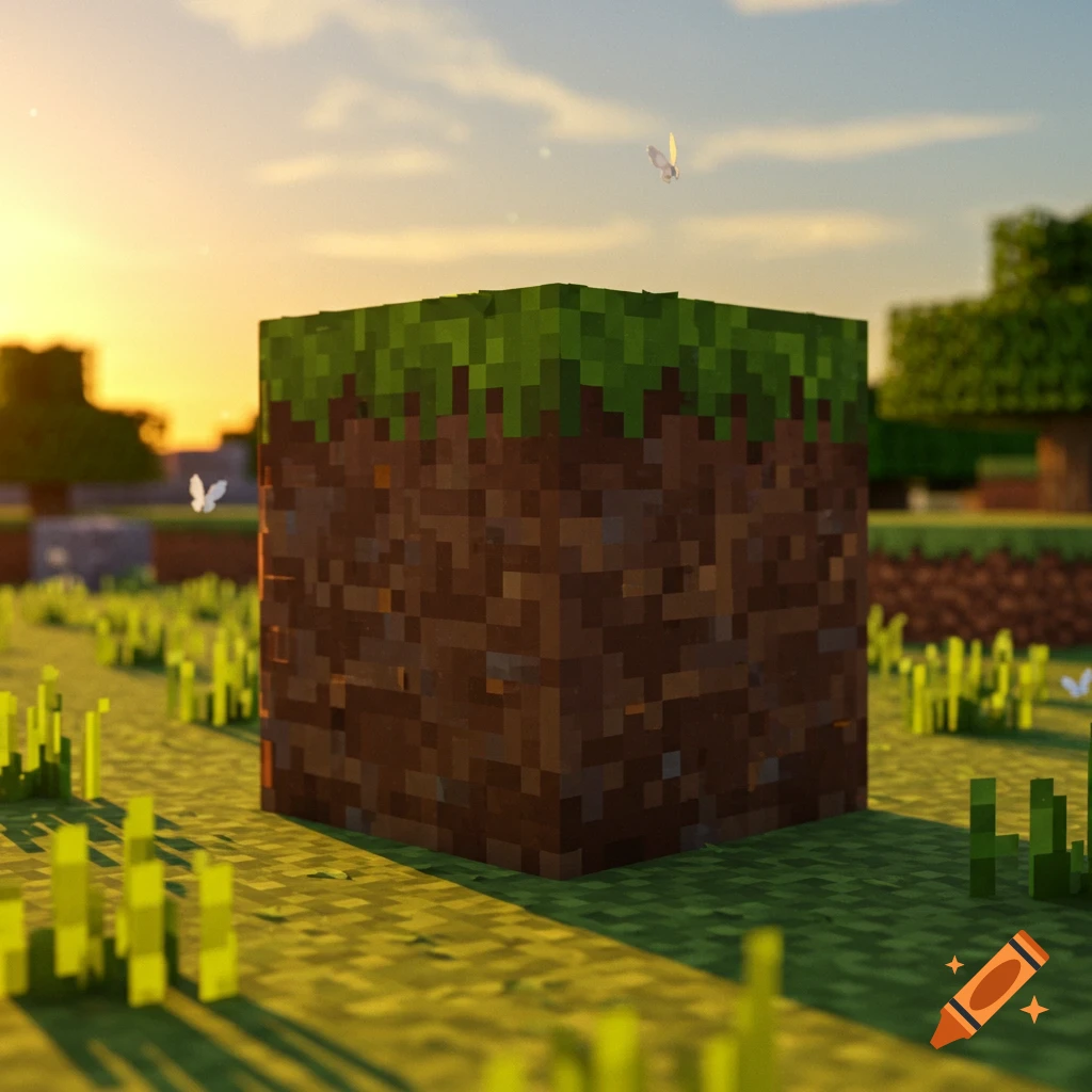 A pixelated Minecraft dirt block stands in a grassy field under a warm sunset sky with butterflies.