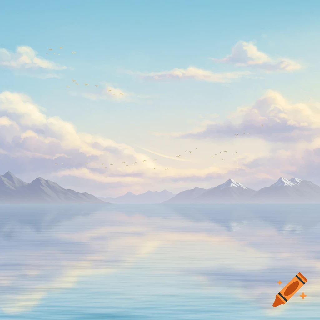 A serene painting of a mountain lake reflecting a light blue and purple sky with fluffy clouds and birds flying overhead.