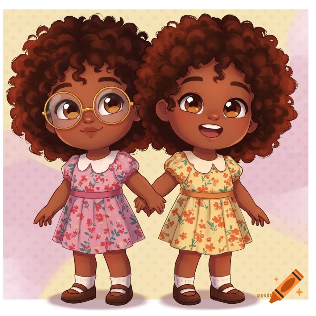 Cartoon illustration of two smiling Black toddler girls holding hands. One wears glasses and a pink floral dress, the other a yellow floral dress.