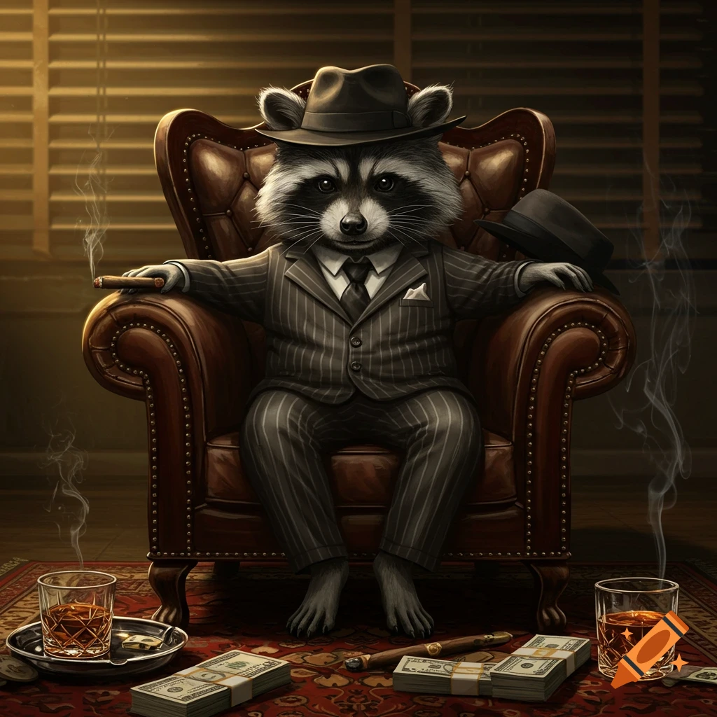 A photorealistic anthropomorphic raccoon mafia boss in a pinstripe suit and fedora sits in a leather armchair, holding a cigar, surrounded by money and drinks.