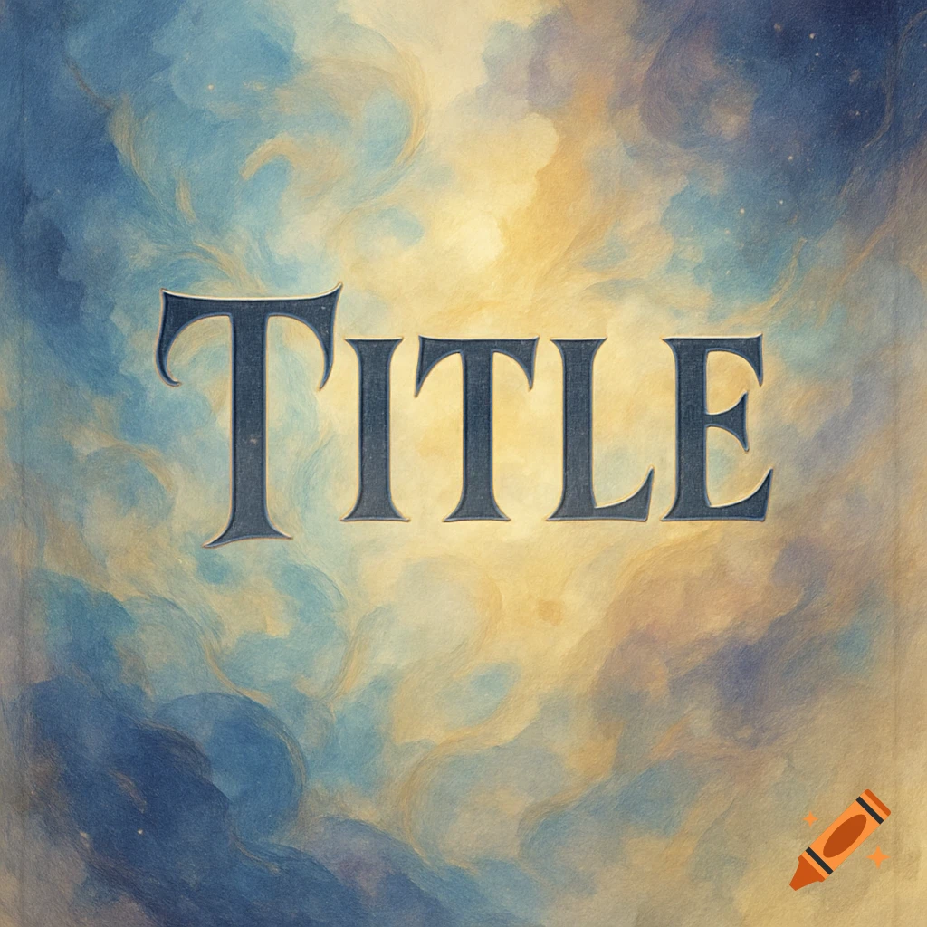 The word TITLE in dark blue stylized font, centered on a swirling background of blue, golden, and white clouds.
