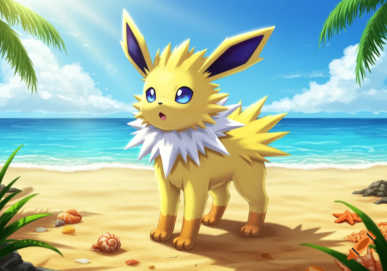 A bright yellow Jolteon with blue eyes stands on a sandy beach under a sunny sky with palm trees and ocean waves.