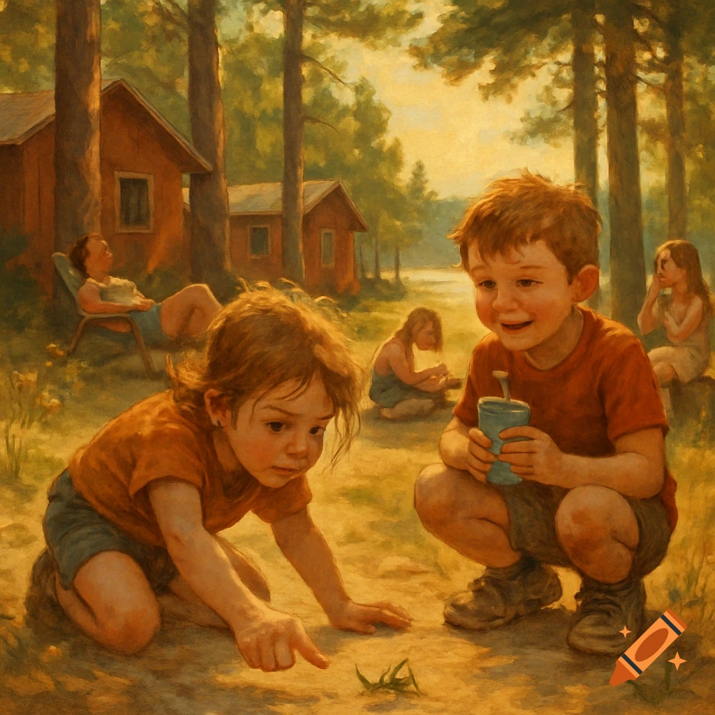 Two children play on the ground at a sunlit campsite, with cabins and other people in the background, in a painterly style.