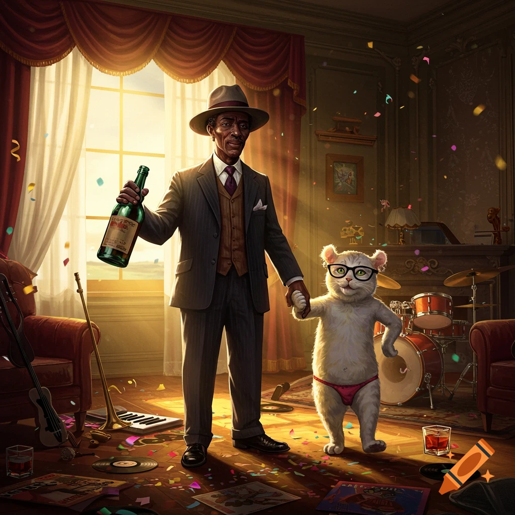 A man in a 1920s suit holds a bottle of wine while an anthropomorphic white cat in glasses and a thong stands beside him, holding hands. They are in a messy room with confetti, instruments, and records, suggesting a party.