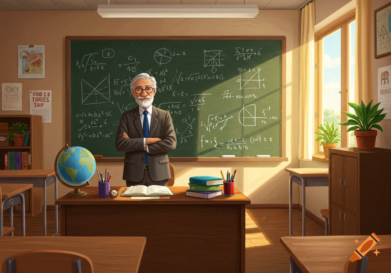 An elderly male teacher with a white beard and glasses stands with crossed arms in a classroom with a large blackboard full of equations behind him. Sunlight streams through a window on the right.