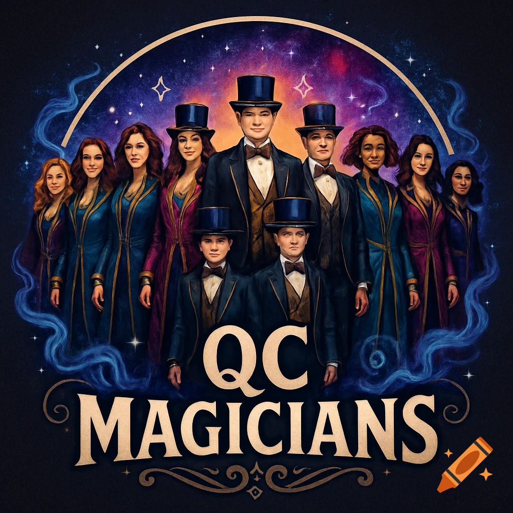 A team logo featuring nine magicians, six women and three men, in formal attire against a starry cosmic background. The text "QC MAGICIANS" is prominently displayed at the bottom.