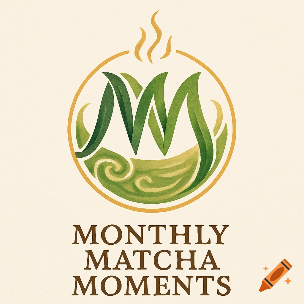 A warm and inviting logo for 'Monthly Matcha Moments' featuring a stylized green 'M' with steam, enclosed in a gold circle, above the text 'MONTHLY MATCHA MOMENTS'.