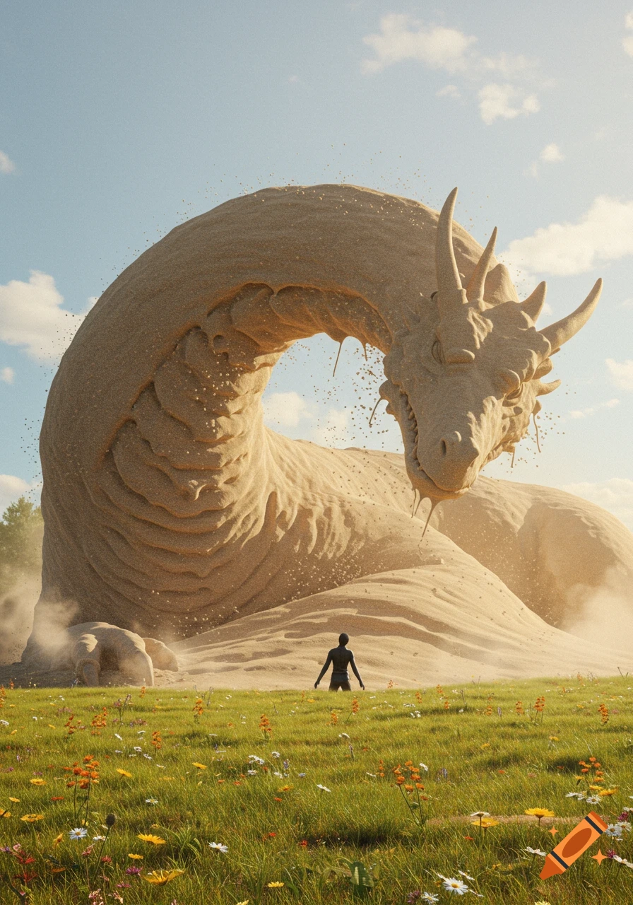 A giant sand dragon emerges from a grassy field filled with wildflowers, looming over a small human figure under a blue sky.