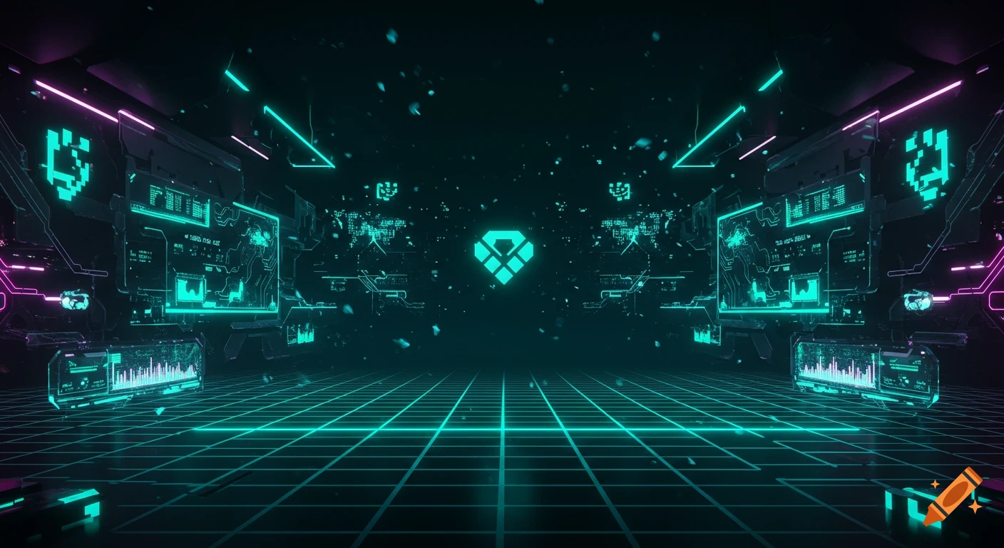 A vibrant cyberpunk gaming background with neon teal and magenta lights, digital screens displaying data, and a glowing grid floor.