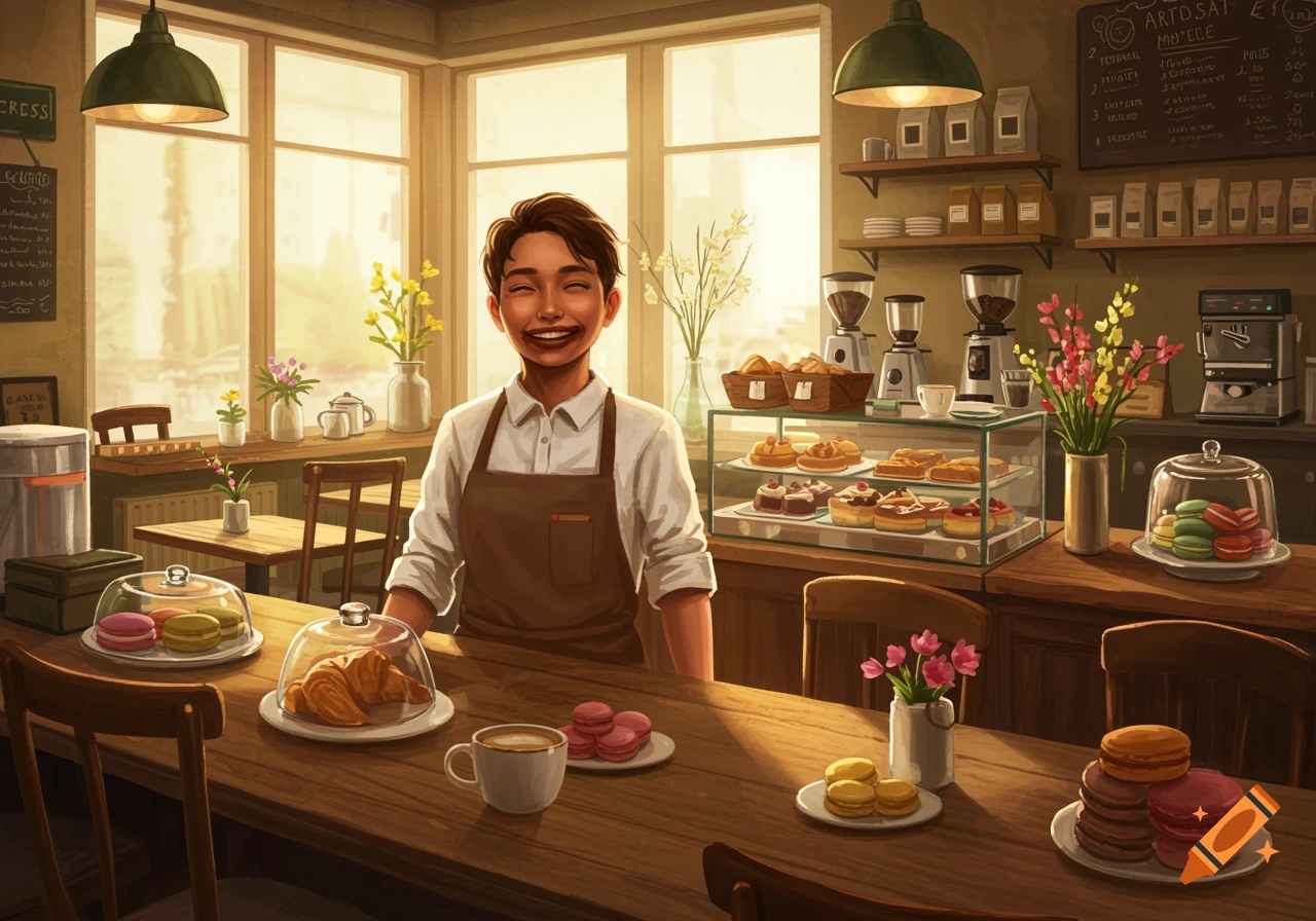A smiling front of house employee in a cafe, standing behind a counter with pastries and coffee.