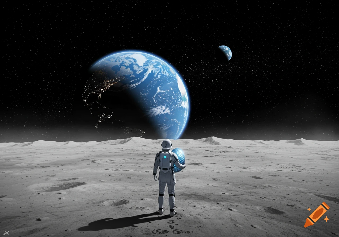 An astronaut in a white suit stands on the moon's surface, holding a glowing blue sphere, looking at Earth and the crescent moon in the night sky.