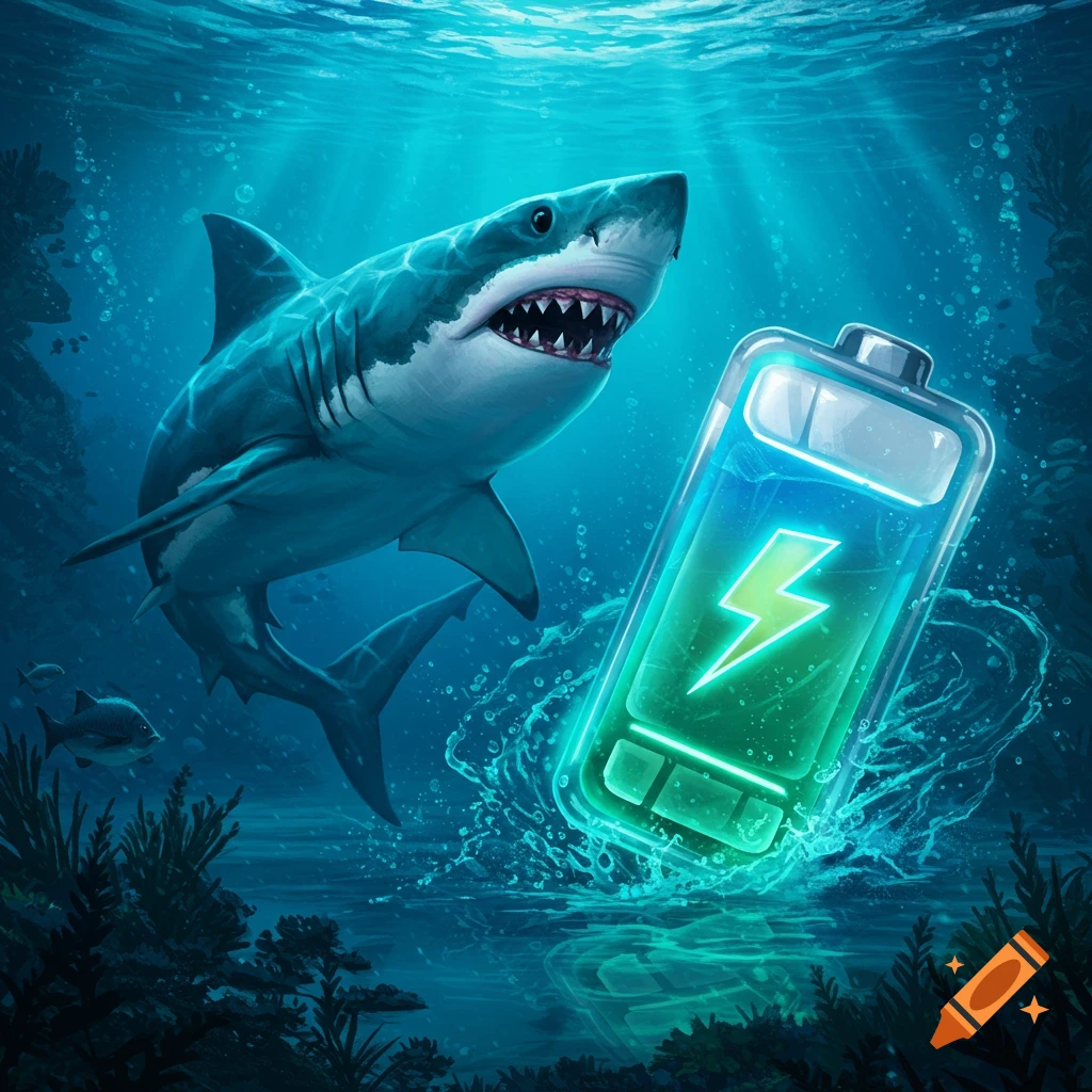 A large grey shark with sharp teeth swims underwater next to a glowing green battery with a lightning bolt symbol.