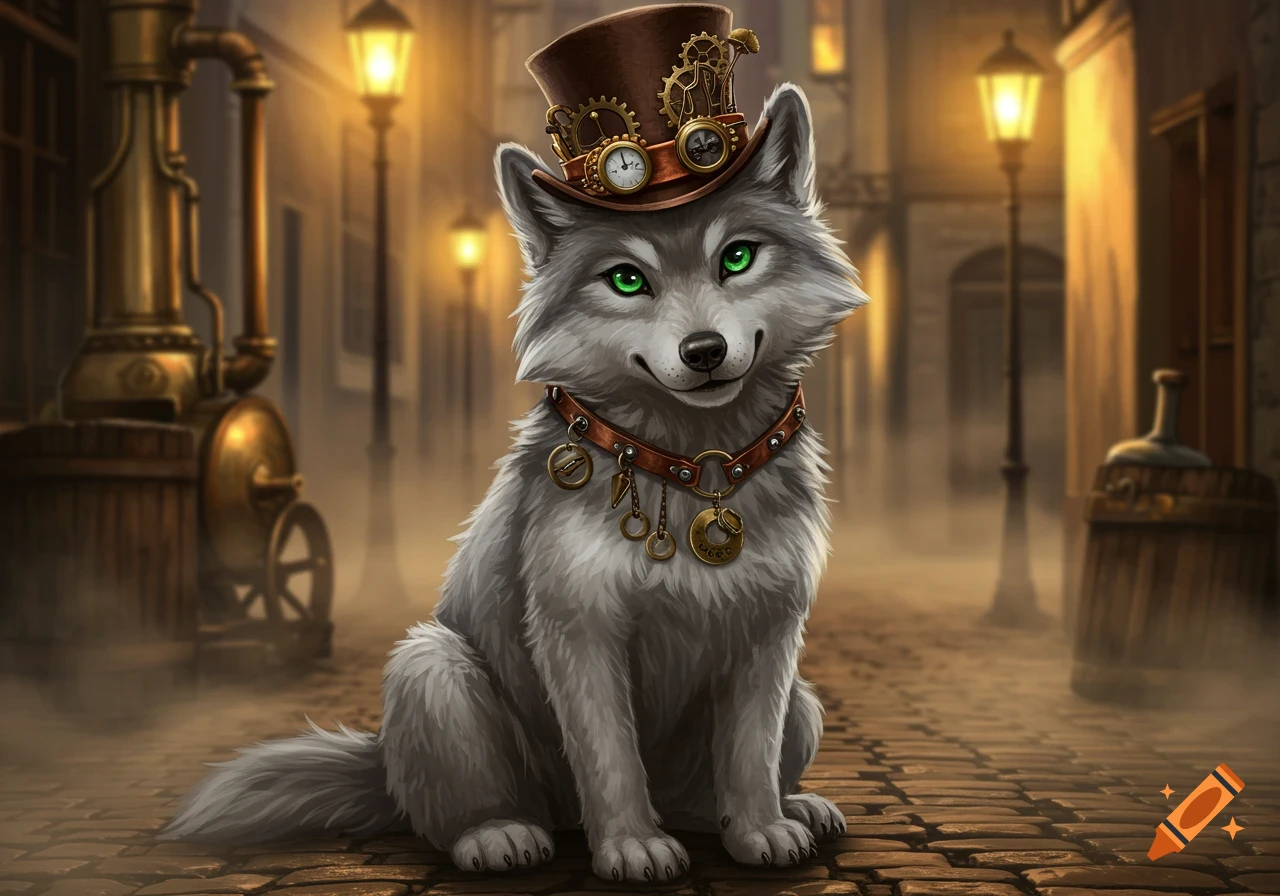 A cute grey wolf wearing a brown steampunk tophat and collar sits on a cobblestone street at night with glowing streetlights.