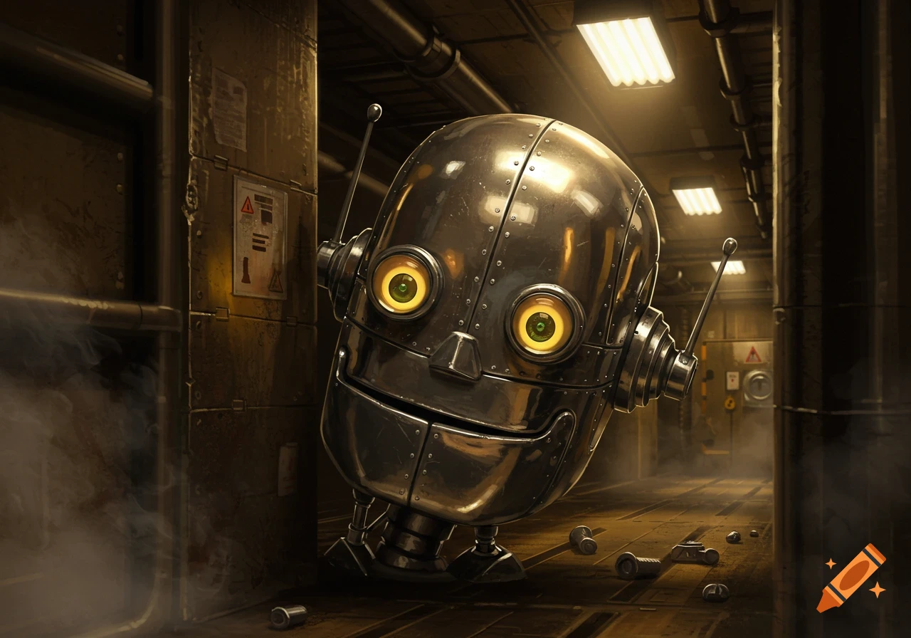 A photorealistic metallic robot head with glowing yellow eyes peeks from behind a corner in a dimly lit, grungy industrial hallway.