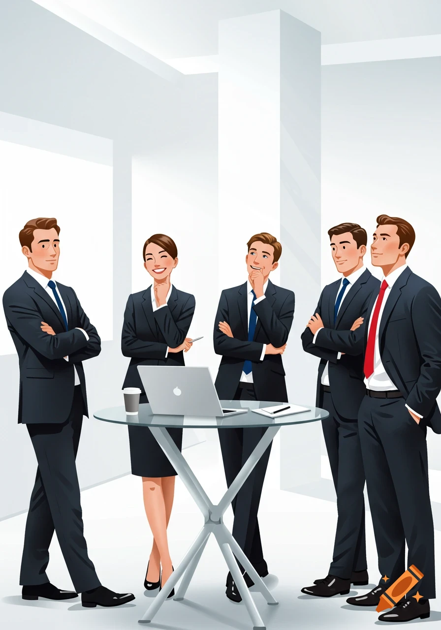 An illustration of five business professionals, three men and two women, standing around a glass table with a laptop in a minimalist office setting.