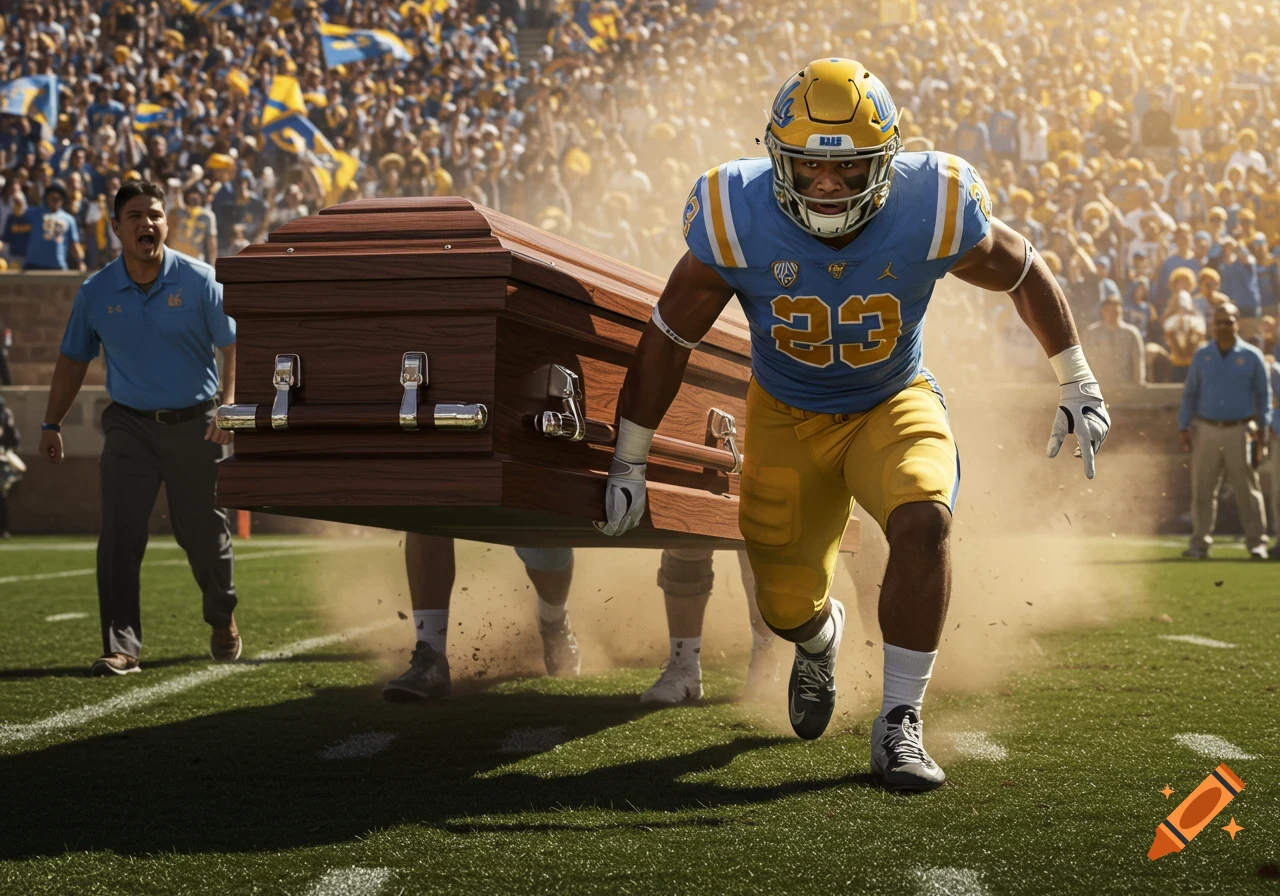 A UCLA football player in a blue and gold uniform runs across a stadium field, appearing to drag a wooden coffin, as a crowd watches.