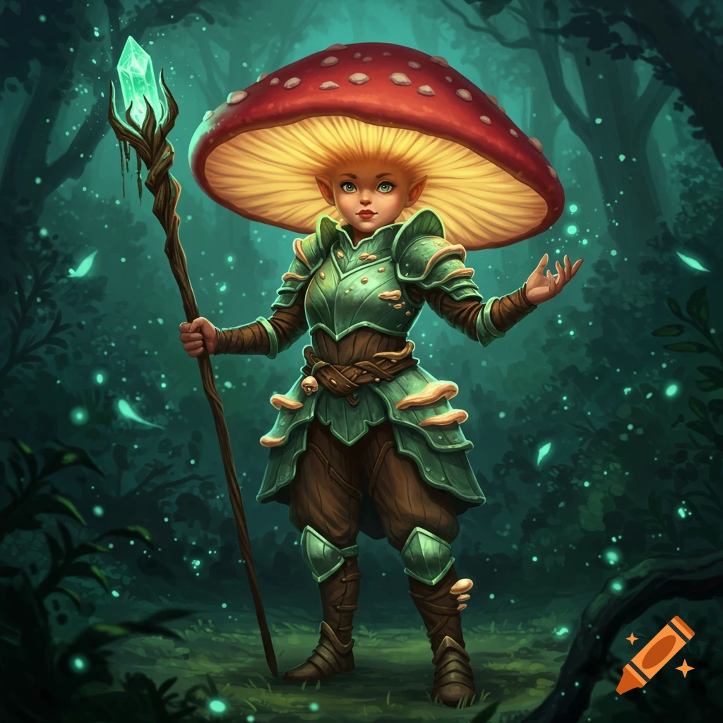 Whimsical fantasy mushroom warrior girl in green forest armor, red mushroom hat, holding a crystal staff in an enchanted forest.