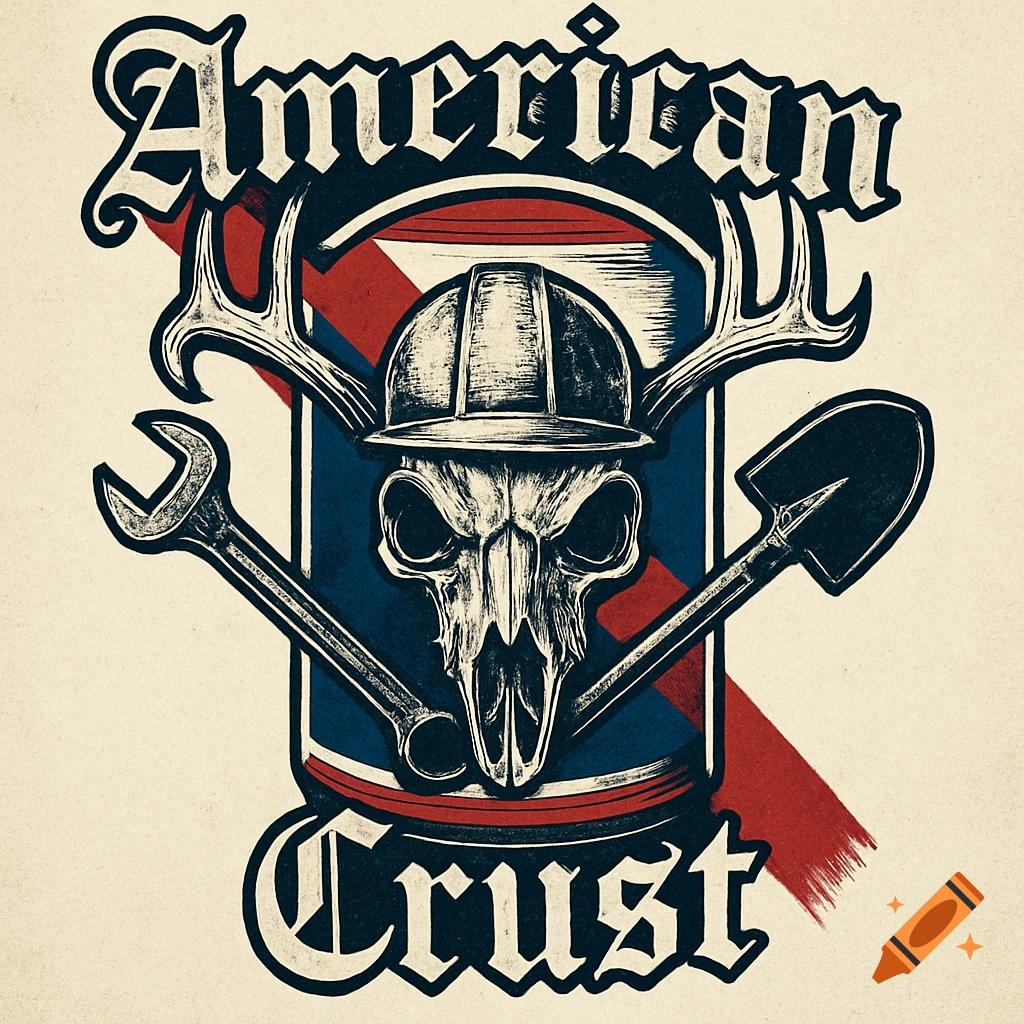 A punk-style logo featuring a deer skull wearing a hard hat with antlers, crossed wrench and shovel behind it, and text 'American' above and 'Crust' below, all in old English scroll style.