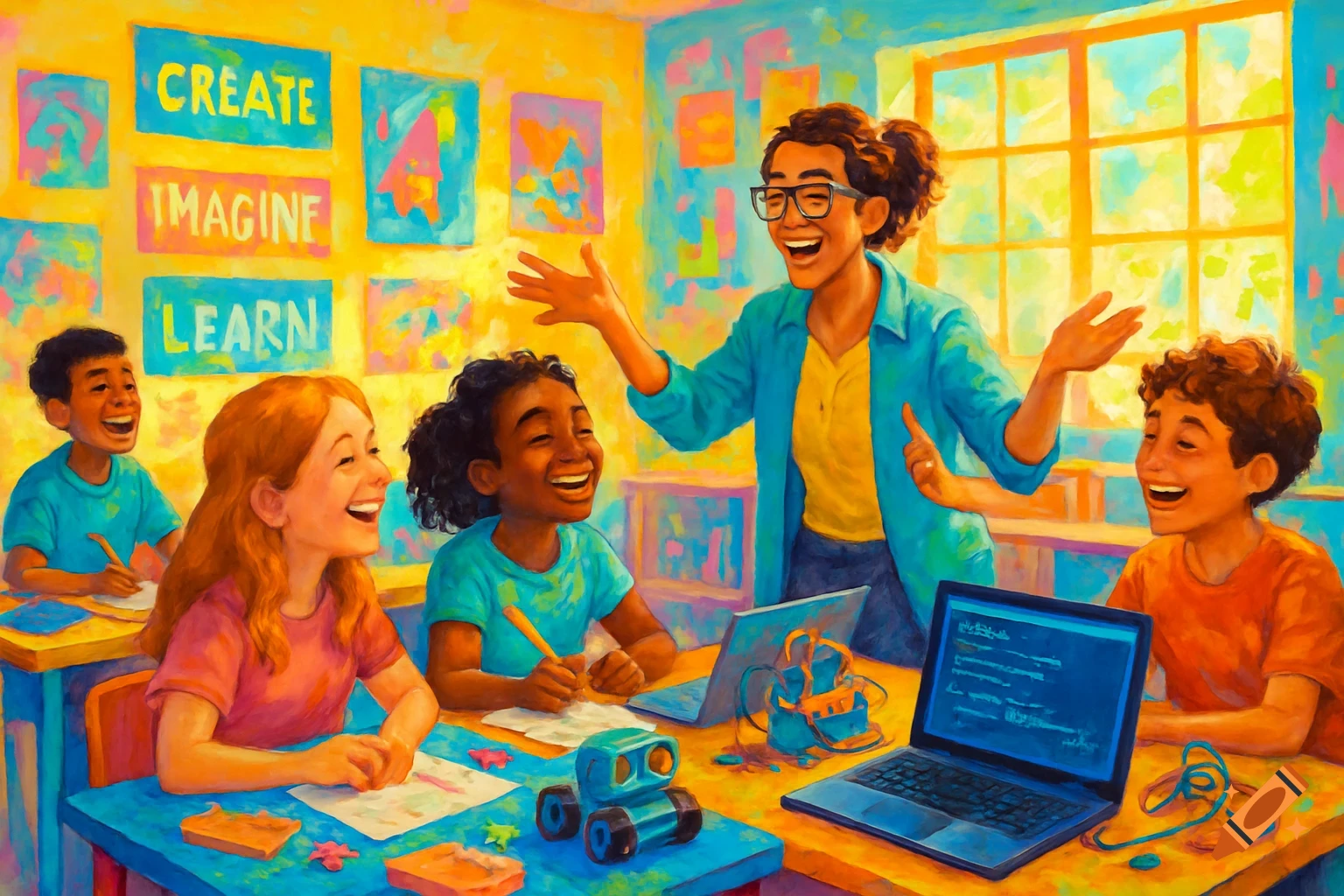 A vibrant, colorful painting of a smiling teacher interacting with cheerful students engaged in learning and creative activities in a classroom, with motivational posters on the wall.