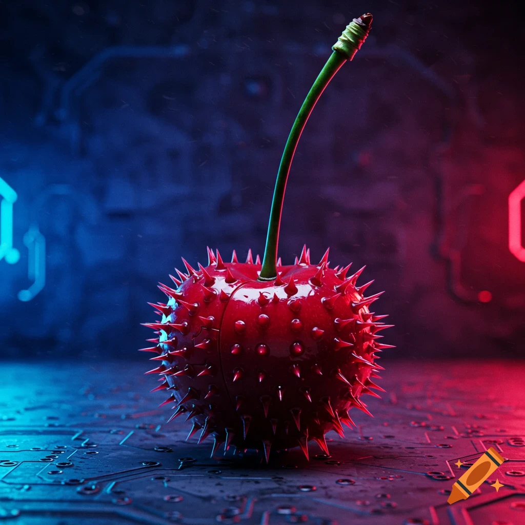 A spiked red cherry-like fruit with a green stem on a dark, circuit board surface, illuminated by blue and red neon lights in a cyberpunk style.