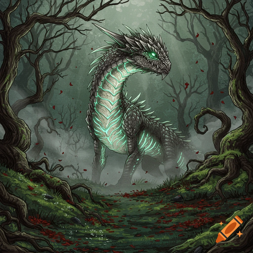 A hand-drawn fantasy dragon with glowing green features in a dark, misty forest.
